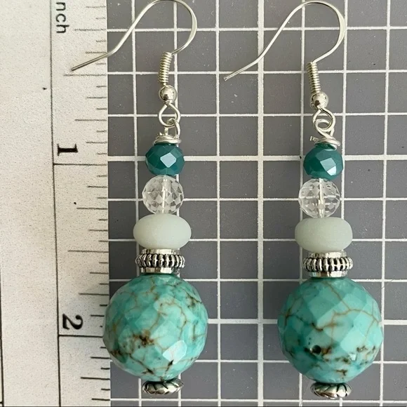 𝅺STERLING Silver Earrings Genuine Howlite Beads Ocean Blues & Clear Crystals - Picture 5 of 7